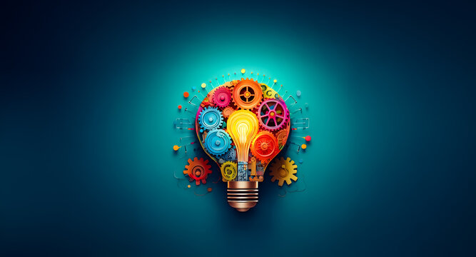 A vibrant light bulb formed by colorful gears and mechanical parts symbolizes innovation and creative thinking against a dark blue backdrop.