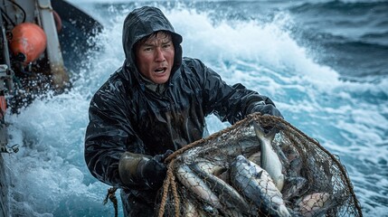 Naklejka premium A determined fisherman pulls a heavy net of fish from rough, wave-tossed seas on a stormy day.