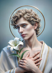 Angel, holds a lily flower symbolizing his purity