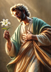 Saint Joseph, father of Jesus, holds a lily flower symbolizing his purity