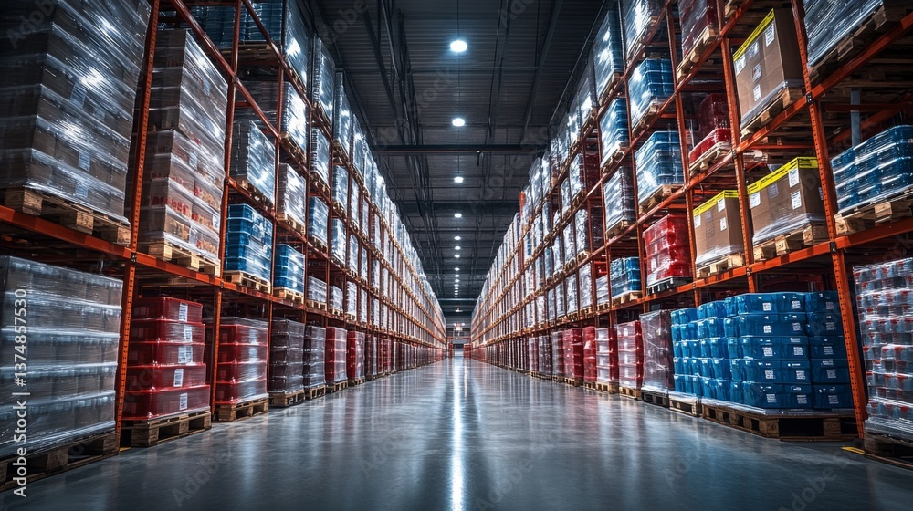 Poster inside a large warehouse, rows of neatly stacked pallets filled with diverse cargo occupy the shelve