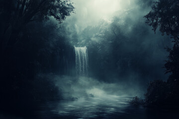 Waterfall Cascading into Misty Pool Surrounded by Lush Forest