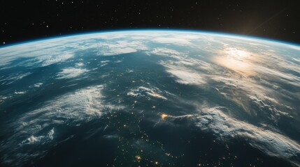 Fototapeta premium A mesmerizing perspective of Earth's surface, highlighting its vast water bodies and cloud formations, representing the planet's natural beauty and serenity.
