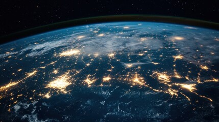 Fototapeta premium A stunning view of Earth from space, showcasing illuminated urban areas and cloud formations, illustrating the beauty and complexity of our planet at night.