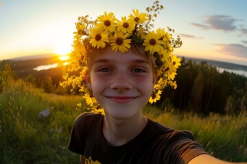Happy caucasian teenager boy with blond hair wearing yellow flower circlet on his head. Golden hour in sunset. Happy warm season holidays concept. Sunshine and laughter for kids.