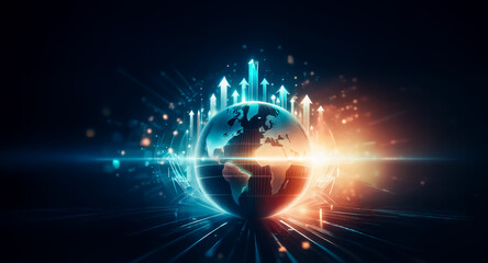 Obraz premium Glowing globe with upward arrows emanating in blue and orange light, suggesting growth, global connection, and technological advancement.