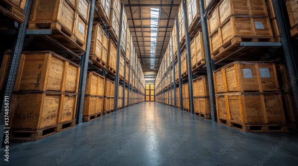 Fototapete inside a spacious warehouse, towering wooden crates are arranged in orderly rows. the large storage 