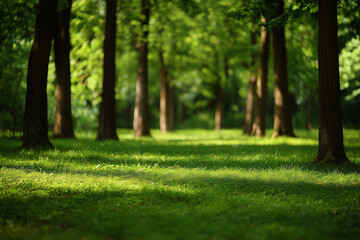 Fototapeta premium Peaceful Forest Meadow with Sunlight Streaming Through Trees in Summer