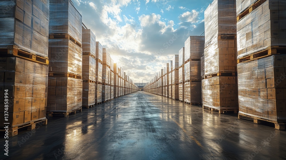 Poster Pallets stacked high in a spacious warehouse create organized aisles filled with inventory, ready for logistics and distribution in bright daylight.