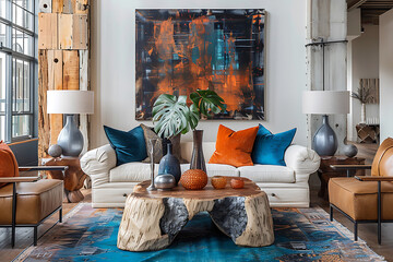 eclectic interior design, create an eclectic look by blending rustic furniture with metallic accents and vibrant colors for a bold statement