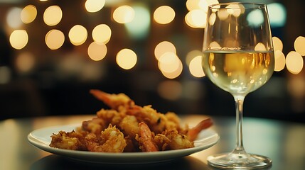 Plate of golden fried shrimp accompanied by a glass of white wine, beautifully presented on a circular dish, with blurred bokeh lights in the background creating a warm and inviting atmosphere
