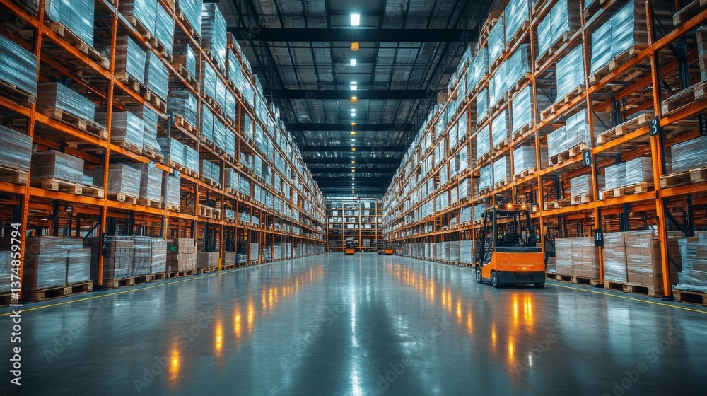 Leinwandbilder a spacious warehouse filled with tall shelves stacked with pallets. a forklift moves through the ais