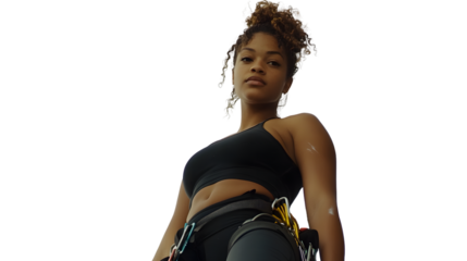 A confident individual in climbing gear ready for adventure showcasing strength and determina