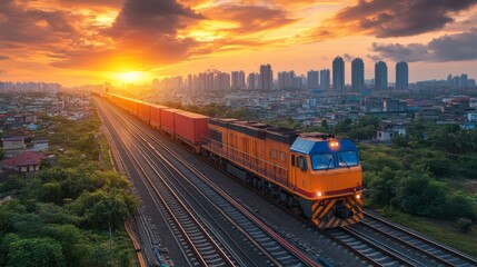 Fototapeta premium A freight train travels on tracks lined with cargo containers as the sun sets, casting warm hues over a bustling city with tall buildings and green areas.