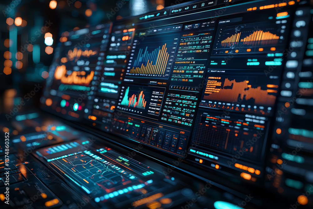 Fototapete A digital dashboard tracking real-time global sales data on multiple monitors. Concept of analytics-driven decision-making and scalability.