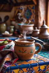 Fototapeta premium Steaming Hot Chocolate in Rustic Mug on Colorful Tiled Counter