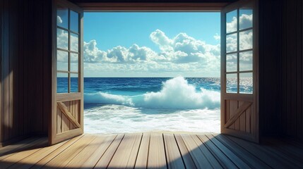 Obraz premium Ocean view through open doors, inviting coastal escape and relaxation