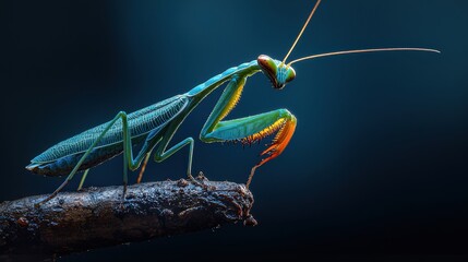 A striking praying mantis displaying its vibrant green and orange hues while perched on a twig.