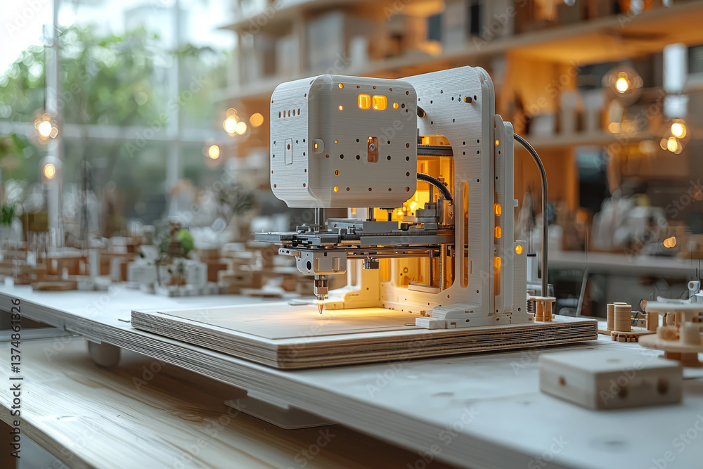 Poster a 3d printer creating a product prototype in a minimalist design studio. concept of rapid prototypin