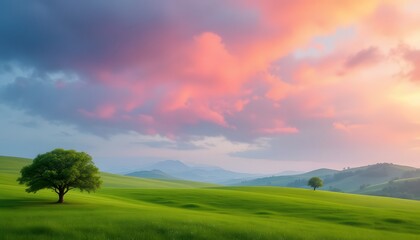 Naklejka premium Sunset Serenity: Rolling green hills and a solitary tree silhouetted against a vibrant, painterly sunset sky, invoking feelings of peace and tranquility. 