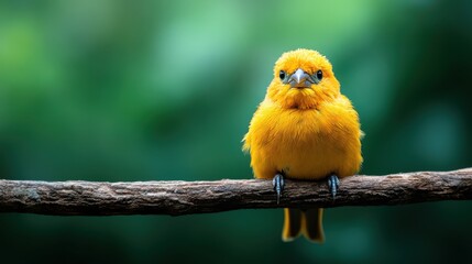 A close-up capture of a bright yellow bird resting on a wooden branch, showcasing its vibrant feathers and inquisitive expression against a blurred green background.