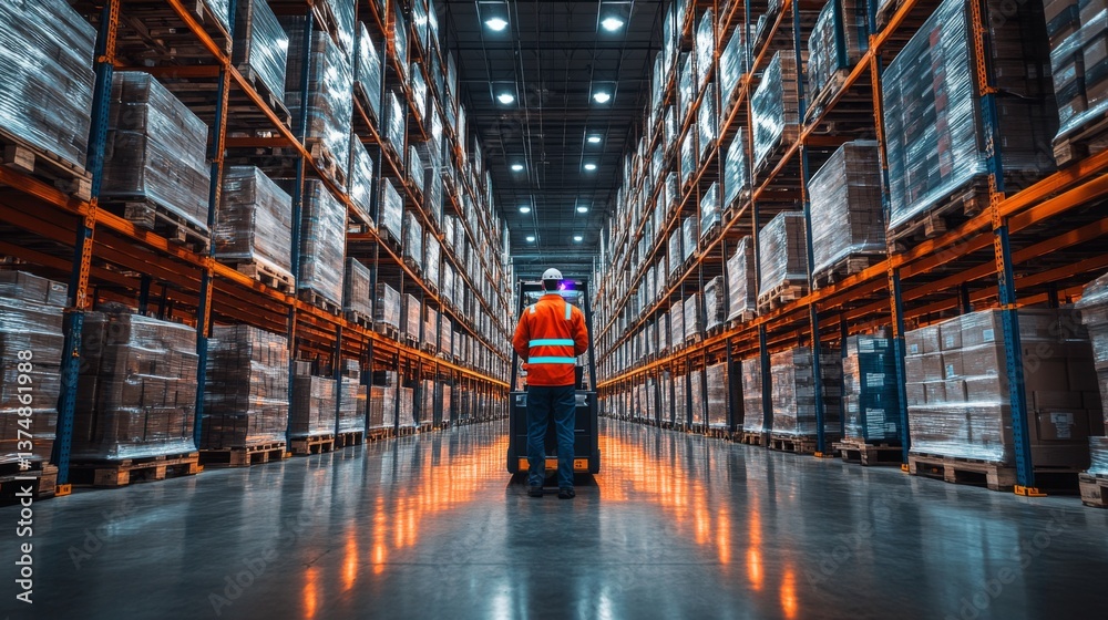 Poster Two workers monitor the organization of pallets in a spacious warehouse dedicated to logistics and fulfillment. The environment highlights efficiency in storage and sorting.