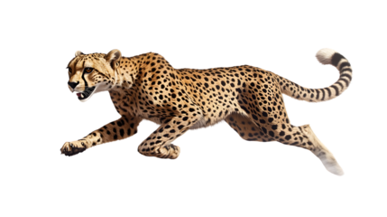 A majestic spotted feline in midstride showcasing its agility and grace against a stark backg