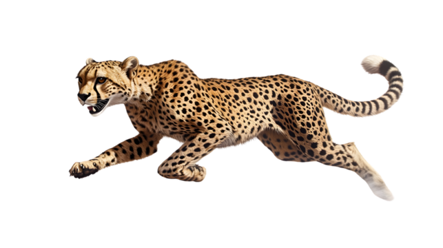 A majestic spotted feline in midstride showcasing its agility and grace against a stark backg