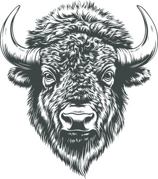 Detailed black and white illustration of a bison with intricate fur texture. Vector illustration