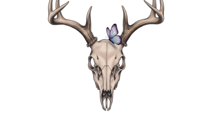 Deer Skull with Antlers and Butterfly Graphic Illustration Isolated