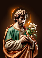 Saint Joseph, father of Jesus, holds a lily flower symbolizing his purity