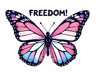 Obraz premium Freedom butterfly illustration with pastel wings and black outline on white background, bold symbolic artwork