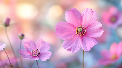 Fototapeta premium A beautiful pink flower blooms gracefully against a soft pastel background symbolizing love femininity grace and renewal evoking feelings of serenity romance and delicate natural beauty