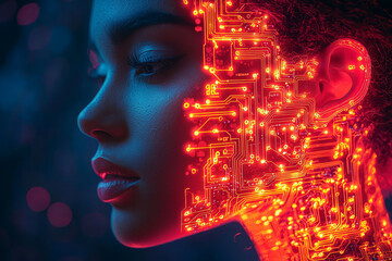 A neon circuit board pattern overlaying a human silhouette. Concept of technology integration and identity.