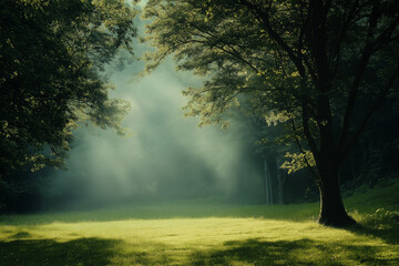 Naklejka premium Sun Rays Streaming Through Forest Canopy Illuminating Green Meadow