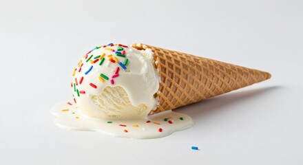 Melting Vanilla Ice Cream Cone with Colorful Sprinkles on White Background
