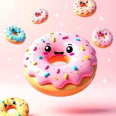 Happy Pink Donut with Sprinkles Flying Among Other Donuts on a Pink Background Sweet Kawaii Dessert Image