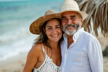 Smiling portrait of a middle aged Hispanic couple on a vacation on a tropic beach