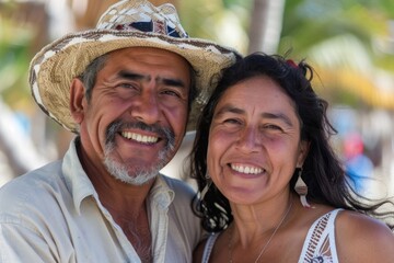 Smiling portrait of a middle aged Hispanic couple on a vacation on a tropic beach