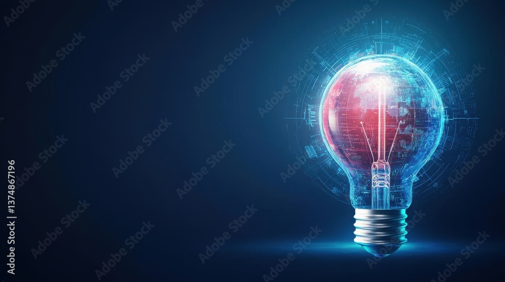Fototapete Abstract light bulb with holographic globe and tech elements symbolizing global innovation