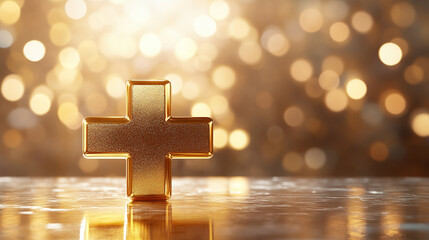 A 3D gold icon sign with a metallic cross, symbolizing wealth, health, and divine protection. The glossy medical emblem conveys first aid, safety, and modern healthcare on an isolated background.

