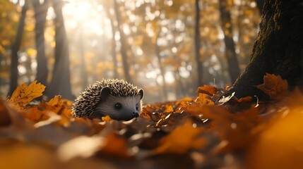 Fototapeta premium A small hedgehog nestled among vibrant autumn leaves in a sunlit forest, conveying a sense of peace and tranquility
