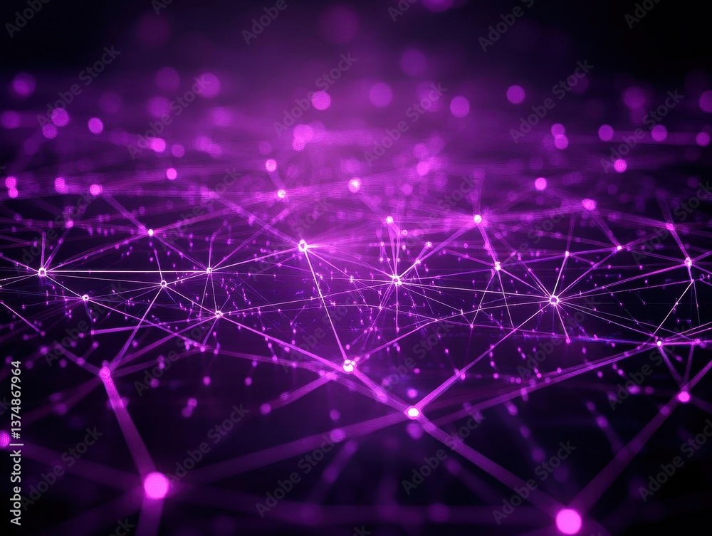 Poster abstract purple digital network, glowing lines and points, connecting data, futuristic technology ba