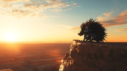 A small creature with spiky quills perched on a rocky cliff, overlooking a vast desert landscape during a vibrant sunset with colorful clouds in the sky