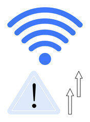 Blue wireless symbol above a warning triangle with exclamation mark and two ascending arrows. Ideal for technology, wireless communication, alerts, attention, progress, connectivity, digital growth
