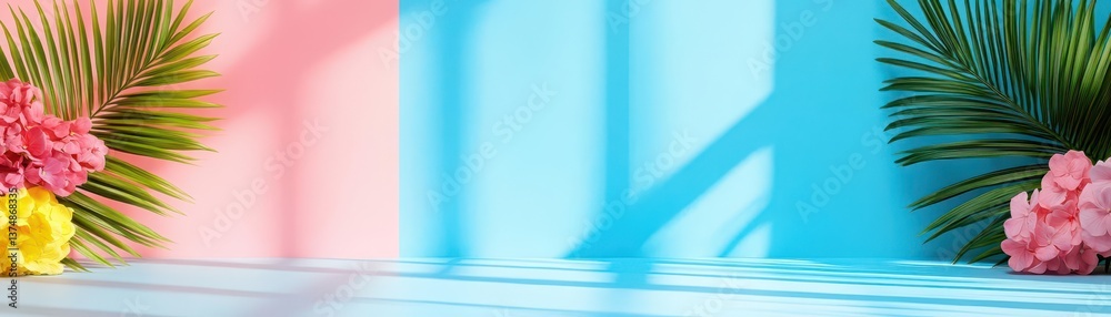 Fototapete Abstract studio multicolor pastel background for product presentation Empty room with shadows of window and flowers and palm leaves 3d room with copy space Summer concert backdrop