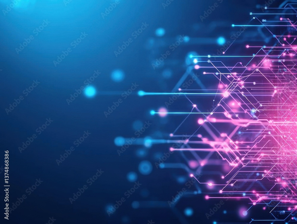Poster Abstract tech background with illuminated fiber optic connections, quantum computing network system and electronic global intelligence, data on computer screen background