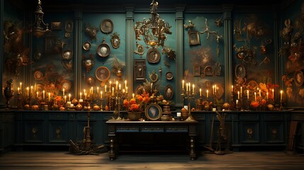 Obraz premium Enchanted Teal Room: A Mystical Interior with Candles and Portraits