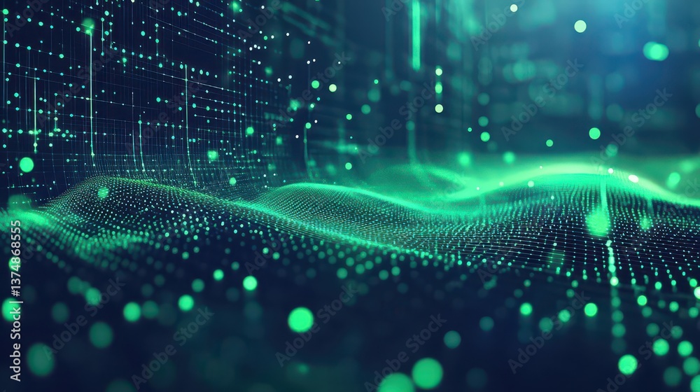Poster Abstract technology flow background Futuristic dots background with a dynamic wave 3d rendering