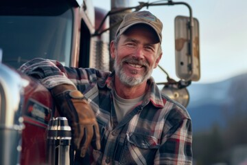Obraz premium Smiling portrait of a middle aged male Caucasian trucker standing next to his truck